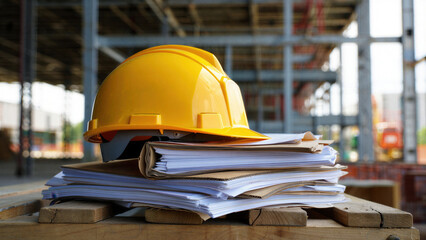 Yellow hard hat on stacked construction files on pallets, safety helmet with plans, permits, site paperwork for project inspection, compliance records, site management, onsite operations