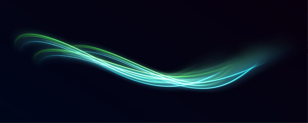 Neon green laser speed lines twist along a city highway. Glowing trail waves, energy swirls, and motion lines create futuristic traffic flow and dynamic visuals. Vector illustration PNG.