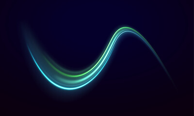 Glowing green neon laser lines curve along a city highway. Light trail waves, energy swirls, and motion lines illustrate futuristic traffic and dynamic flow. Vector illustration. © MEDUZA