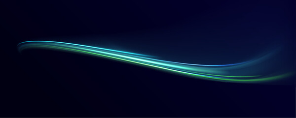 Neon green laser speed lines twist along a city highway. Glowing trail waves, energy swirls, and motion lines create futuristic traffic flow and dynamic visuals. Vector illustration PNG. © MEDUZA