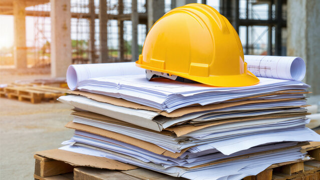 Hard hat on architectural drawings construction site, BIM standardization, digital twin documentation, electronic tenders, cloud contracts, automation systems, project tracking, smart site management
