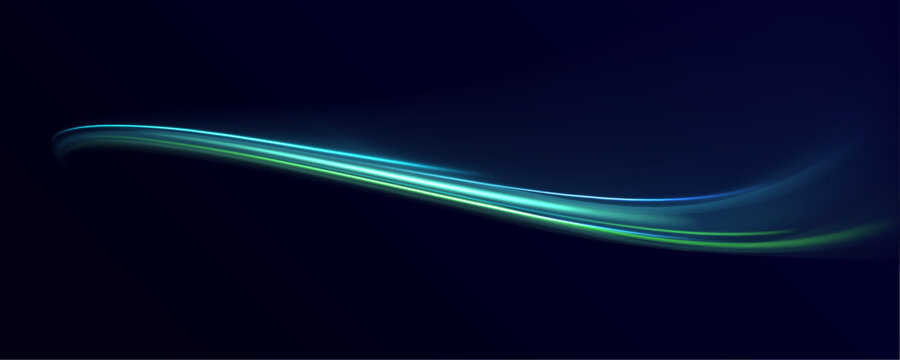 Neon green laser speed lines twist along a city highway. Glowing trail waves, energy swirls, and motion lines create futuristic traffic flow and dynamic visuals. Vector illustration PNG.