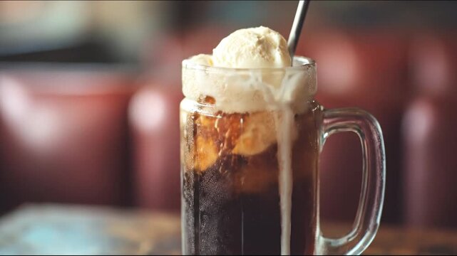 A refreshing root beer float in a clear glass mug, topped with a scoop of vanilla ice cream
