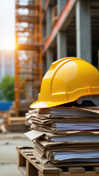 Yellow hard hat on stack of construction paperwork, project documentation, safety compliance, contractor supervision, tender management, regulatory control, cost review, labor protection