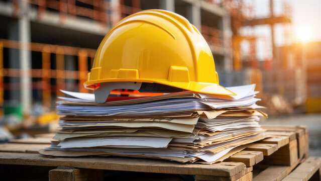 Yellow hard hat stack construction documents, safety compliance, engineering paperwork, building regulations, site management, contractor audits, permit approvals, occupational safety, risk control