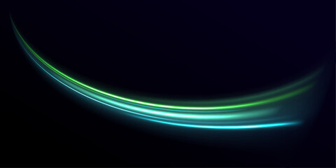 Futuristic green and blue neon laser lines ripple along city highways. Motion lines, energy swirls, and light trail waves create dynamic speed and traffic visuals. Vector illustration. © MEDUZA