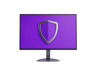 Computer monitor with visible stand displaying a purple shield symbol on the screen, clean modern bezel and crisp security icon detail, isolated on transparent background.

