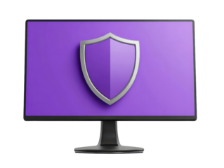Computer monitor with visible stand displaying a purple shield symbol on the screen, clean modern bezel and crisp security icon detail, isolated on transparent background.
