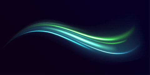 Glowing green and blue neon laser streaks twist along a city road. Wave motion trails, energy swirls, and dynamic lines show high-speed traffic and futuristic flow. Vector illustration. © MEDUZA