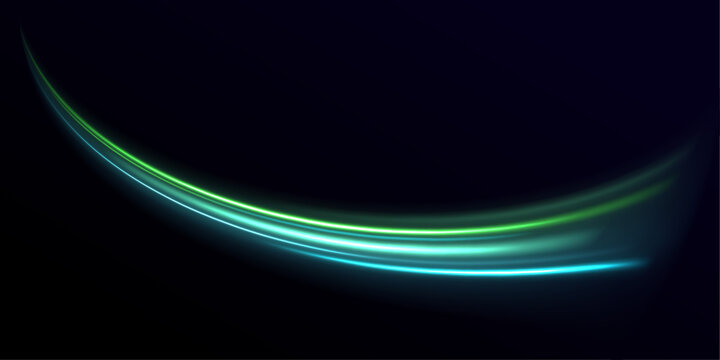 Futuristic green and blue neon laser lines ripple along city highways. Motion lines, energy swirls, and light trail waves create dynamic speed and traffic visuals. Vector illustration.