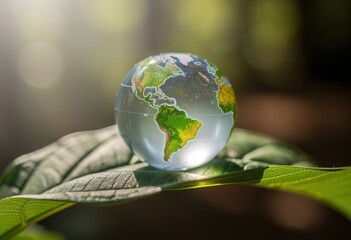 A globe rests gently on a vibrant green leaf, bathed in soft light. This image symbolizes environmental responsibility, sustainability, and the interconnectedness of our planet.