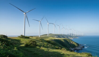 A row of wind turbines stands on a lush green hillside overlooking the ocean. This image symbolizes renewable energy, sustainability, and environmental responsibility.
