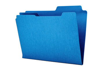 Blue file folder with a top tab and slightly open edge showing document thickness, clean office organizer shape with crisp paperboard texture, isolated on transparent background.
