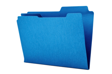 Blue file folder with a top tab and slightly open edge showing document thickness, clean office organizer shape with crisp paperboard texture, isolated on transparent background.
