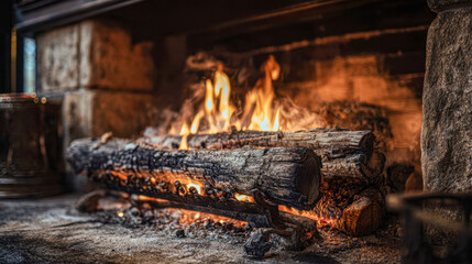 Warm glowing fireplace with burning charred logs and flickering flames creating cozy atmosphere inside rustic stone hearth room