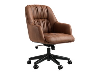 Brown leather office chair with padded backrest and cushioned seat, black swivel base with caster wheels and sturdy central column, clean upholstery seams, isolated on transparent background.
