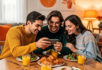 Three young adults are gathered around a table with breakfast, smiling and looking at a phone. The image portrays a joyful morning, friendship, and shared moments of connection.