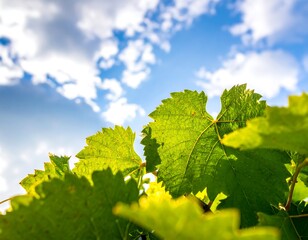 Lush green vine leaves under a bright blue, cloud-filled sky create a refreshing and natural close-up view