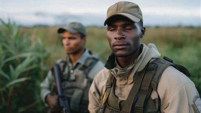 Wildlife rangers from neighboring countries tracking animals along a cross-border migration corridor, drones and GPS collars helping protect endangered species &mdash; conservation partnership, shared