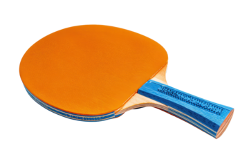 Table tennis paddle with orange brown rubber striking surface and blue handle grip, clear blade silhouette and defined handle contour, isolated on transparent background.