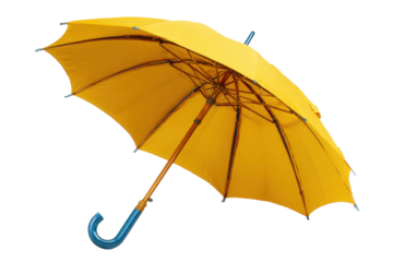 Open yellow umbrella with fully spread canopy, visible rib structure, and a curved blue handle with smooth plastic detailing isolated on transparent background.
