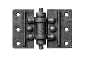 Heavy duty dark steel door hinge with visible bolts and rivets, two rectangular mounting plates joined by a central pin with crisp industrial hardware details, isolated on transparent background.
