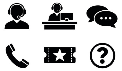 Modern glyph customer support icon set featuring headset users, chat bubbles, telephone, event ticket, and a question mark for customer assistance and communication