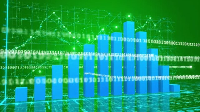 Glowing blue three dimensional bar chart displays data analysis and fluctuating digital information against a vibrant green tech background