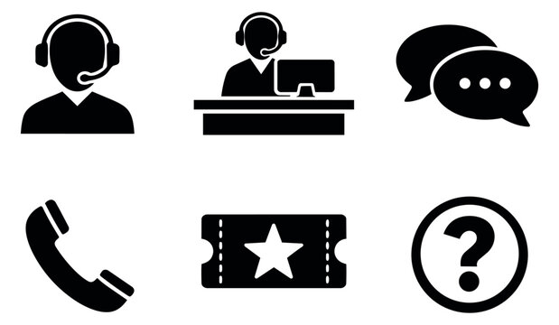Modern glyph customer support icon set featuring headset users, chat bubbles, telephone, event ticket, and a question mark for customer assistance and communication - Powered by Adobe