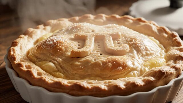 A delicious pie with a pi symbol on top in a white dish on wooden table
