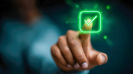 Person pressing a glowing green checkbox symbol on a digital interface with a blurred background representing approval or completion concept
