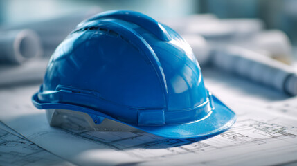 Blue construction helmet resting on architectural blueprints symbolizing building safety and project planning on an engineering workspace table