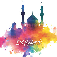 Colorful mosque silhouette with Eid Mubbarak text on white isolated on a transparent background ramadan kareem