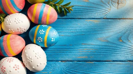 Colorful easter eggs on blue wooden background with floral accents