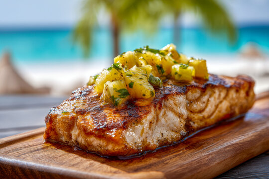 Grilled salmon fillet topped with fresh pineapple salsa served on a wooden board with a tropical beach background and palm trees in soft focus