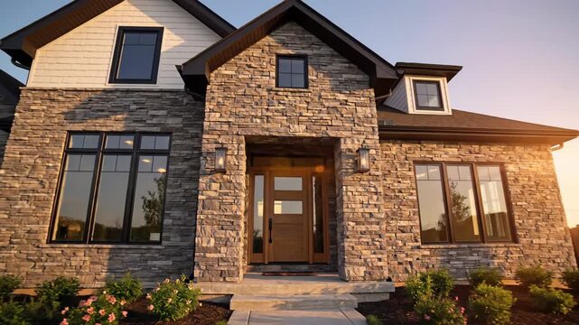 A luxurious stone-clad house with a welcoming front entrance, bathed in warm sunlight.