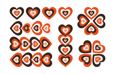 Hearts Retro Clipart Set. Objects Isolated over White BG. Vector Illustration of Love Vintage Signs. Happy Valentine Day.
