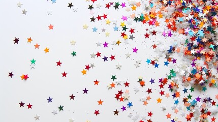 Colorful star shaped confetti on a white background. Festive party celebration flat lay with copy space for text