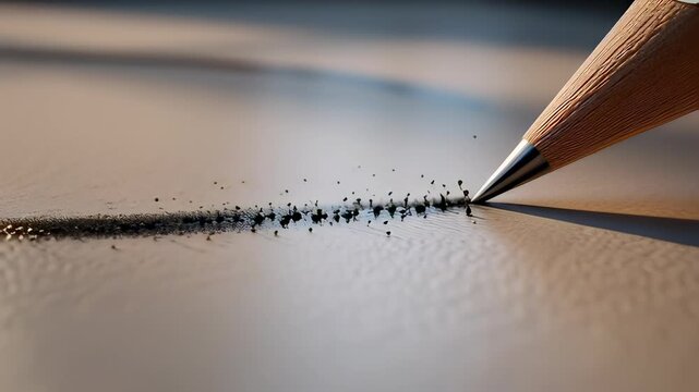 Macro close up of a sharp wooden pencil tip drawing a dark graphite line on textured white paper, showcasing artistic design in a realistic 3D animation.