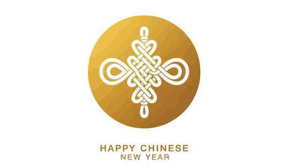 Golden chinese new year greeting with intricate knot design and festive wishes on white background