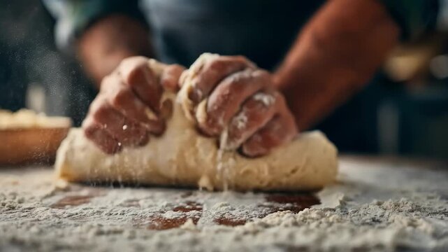 Midshot of a person kneading a mix of durum flour and water on a floured surface capturing the tactile process and consistency needed for quality fresh pasta dough.