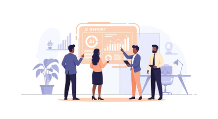 Team analyzing ai data report in modern office setting with charts and technology
