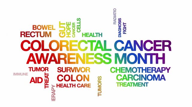Colorectal Cancer Awareness Month concept Animated Tag Word Cloud kinetic typography, Text Design Animation typography seamless loop video motion graphics Intro wordart rainbow type on white bg