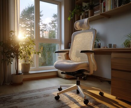 Modern home office interior with an ergonomic office chair placed at a desk