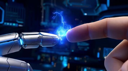 Robot hand touching human finger with electric arc future partnership artificial intelligence technology innovation background copy space cybernetic connection - Powered by Adobe