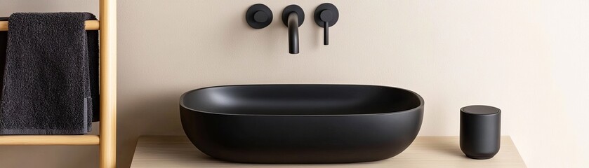 Modern matte black vessel sink, wall-mounted faucet and accessories on a textured wooden surface with a towel rack. Bathroom, Luxury, Design, HomeDecor