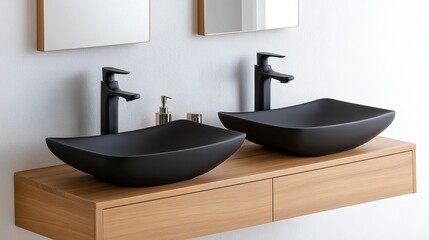 Modern Matte Black Vessel Sinks on Wood Vanity, Minimalist Bathroom Design, Twin Basins, Sleek Faucets. Modern, Bathroom, Design