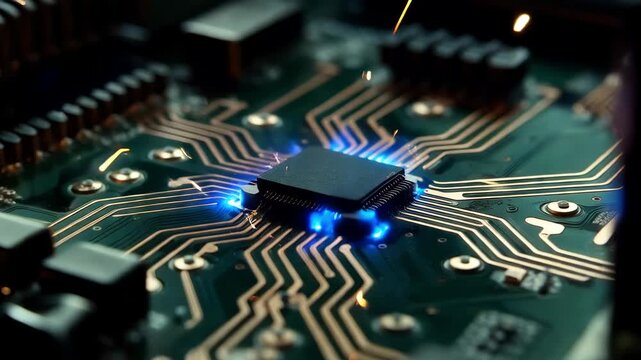 Digital circuit board short circuit with sparks macro technology failure hardware damage computer repair electronic breakdown future innovation background copy space data chip