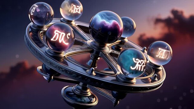Rotating metallic astrolabe with glowing purple spheres and runic symbols in a seamless 3D loop, illustrating magic and astrology concepts