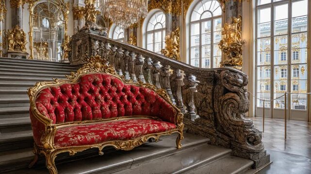 A regal red sofa on a grand staircase, a palatial interior adorned with gold embellishments